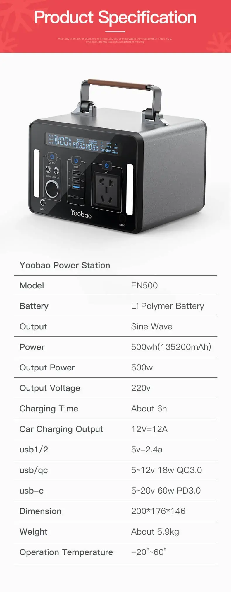 Yoobao En500 135200mah Pd Quick Charging Power Station Outdoor Camping Household Emergency High Capacity With Led Light