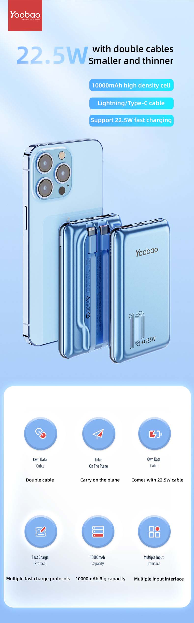 Yoobao Lc3 10000mah Built-in Double Cable Outdoor Emergency Power Banks Quick Charge Portable Power Bank