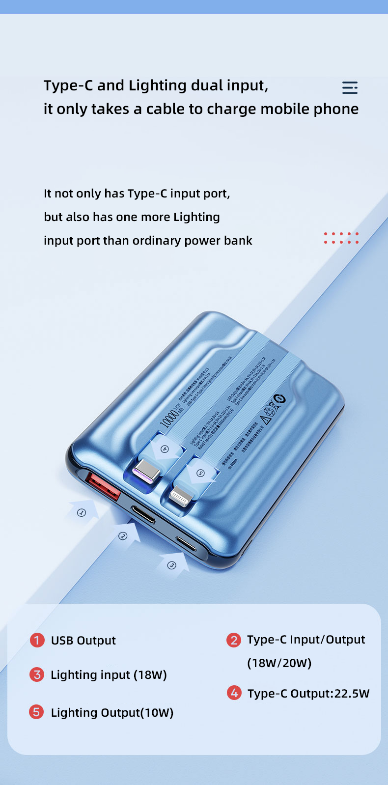 Yoobao Lc3 10000mah Built-in Double Cable Outdoor Emergency Power Banks Quick Charge Portable Power Bank