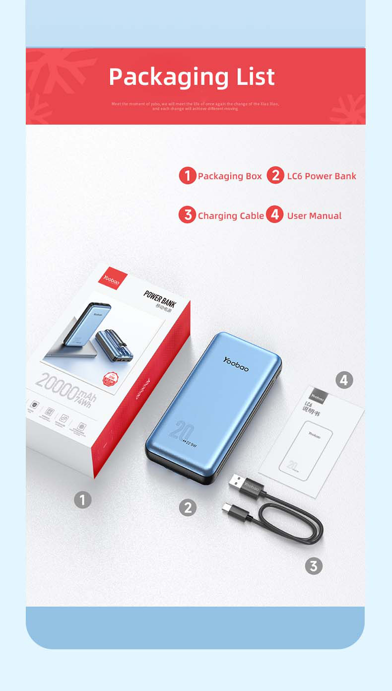 Yoobao 20000mah Lc6 Factory Customized Ultra-thin Built-in Cable Quick Charge Power Bank
