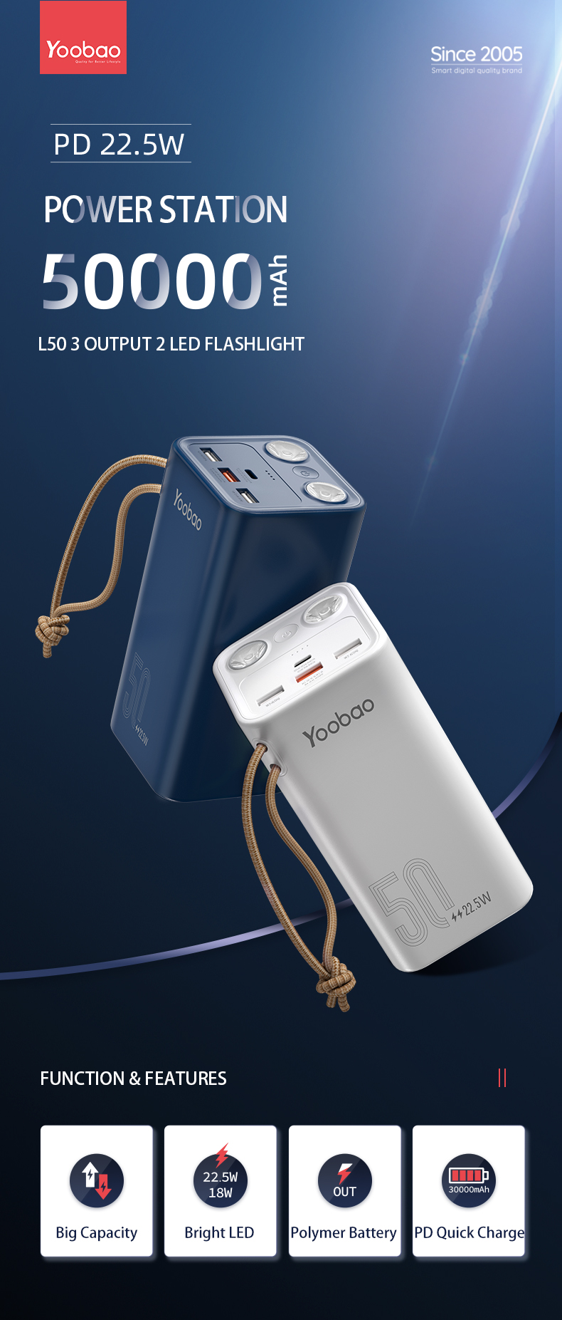Yoobao Portable 50000mah Power Station/ Fast Charge / Big Capacity Power Bank/led Flashlight/4 Output H5
