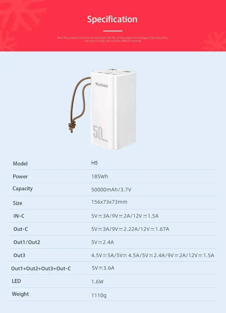 Yoobao Power Bank H5 Specification